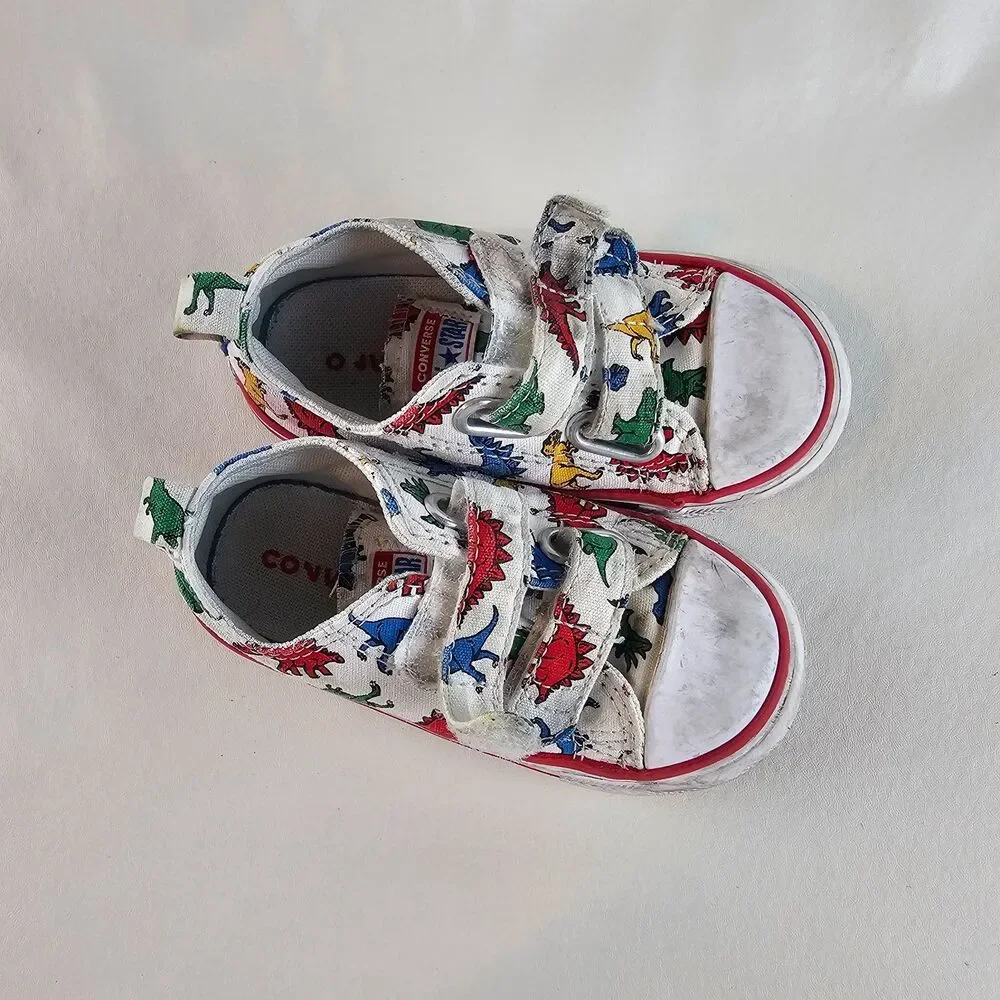 Converse All Star Dino Print Toddler Shoes US 7 White Hook Loop Sneakers Canvas